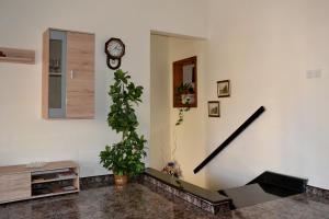 ein Wohnzimmer mit einer Uhr an der Wand und einer Pflanze in der Unterkunft Silia's Maisonette in Marsaskala
