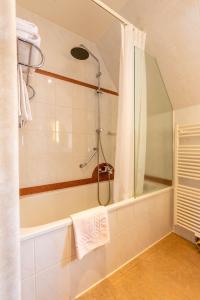 een badkamer met een douche en een bad bij The Black Swan Hotel in Brugge