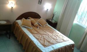 a bed in a bedroom with two pillows on it at Departamentos Suyana in Colón