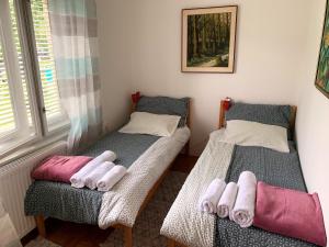 two twin beds in a room with a window at House Amalia in Bled