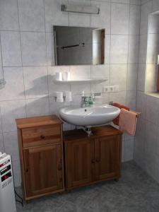 łazienka z umywalką i lustrem w obiekcie Ferienhaus Schmittenhof w mieście Biberwier