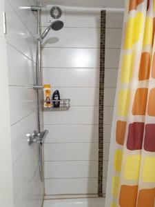 a shower in a bathroom with a shower curtain at Carina Apartment in Kandern +8 photos