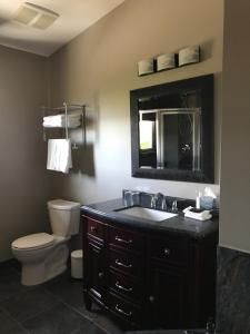 a bathroom with a sink and a toilet and a mirror at Wesbert Winery & Guest Suites in Penticton