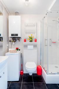 La salle de bains blanche est pourvue d'une douche et de toilettes. dans l'établissement Tulip-Apartments - Jagiellońska 24 poddasze bez windy, à Szczecin