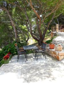 una mesa negra y sillas sentadas bajo un árbol en Apartment Teuta, en Isla Žirje