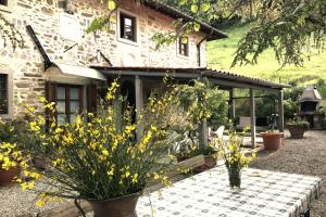 une maison en pierre avec des fleurs jaunes devant elle dans l'établissement Podere Badia Valdrago Agriturismo Mugello Circuit, à Scarperia