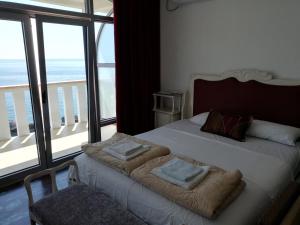 a bedroom with a bed and a large window at Sunset View Apartments in Bar