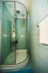 a shower with a glass door in a bathroom at Dobre ubytovanie in Piešťany