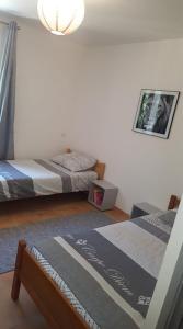 um quarto com 2 camas individuais e um candeeiro em Gîte O'Cigales em Sablet