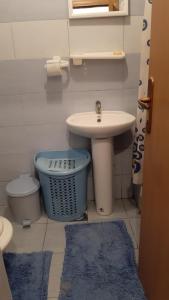 La salle de bains est pourvue d'un lavabo et de toilettes avec des tapis bleus. dans l'établissement Apartments Jovana, à Žabljak 12 autres photos
