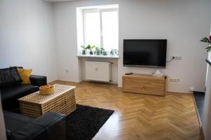 ein Wohnzimmer mit einem Sofa und einem TV in der Unterkunft Apartment Poruba STREET VIEW in Ostrava