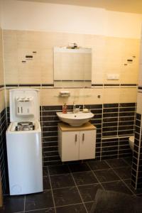 czarno-biała łazienka z umywalką i toaletą w obiekcie Apartment Poruba STREET VIEW w Ostravie +20 zdjęć