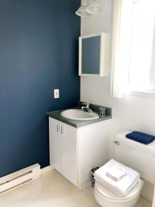 La salle de bains est pourvue d'un lavabo et de toilettes. dans l'établissement Bleu Mer, hôtel & résidences, à Carleton-sur-Mer