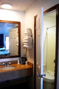a bathroom with a sink and a mirror and a toilet at Westward Inn in Crescent City