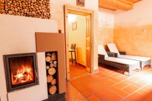 un salon avec une cheminée et un canapé dans l'établissement Ferienhaus Christine Bauer, à Hintergöriach