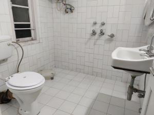 a white bathroom with a toilet and a sink at Hotel Madhuban Shimla in Shimla