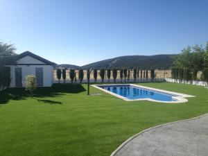 un patio trasero con piscina y césped verde en El Rincon del Cerrillo, en Cortijo de Arriba
