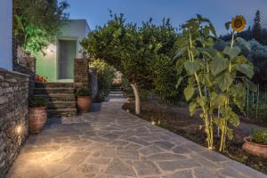 a walkway in a garden with a stone wall at Small Paradise in Andros