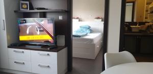 ブダペストにあるBlue Ball Apartmentのリビングルーム(テレビ、ベッド付)