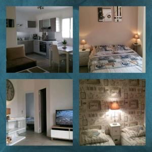 a collage of photos of a bedroom and a living room at Cottage sword beach in Hermanville-sur-Mer