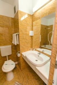 La salle de bains est pourvue d'un lavabo, de toilettes et d'un miroir. dans l'établissement Hotel Poienița, à Băile Felix
