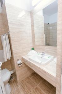 ein Badezimmer mit einem Waschbecken, einem WC und einem Spiegel in der Unterkunft Hotel Mures in Baile Felix