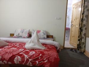 a bedroom with a red bed and a mirror at Babu Guest House in Leh