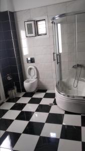 カラマタにあるElia & Thalassaの黒と白のチェックフロアのバスルーム
