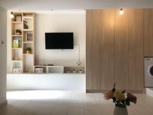 a living room with a television and a vase of flowers at ORFEAS SUITE in Nea Peramos