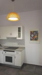 哈里亞的住宿－Beautiful Apartament Arrieta，白色的厨房配有炉灶和灯具
