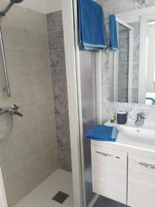 uma casa de banho com um chuveiro, um lavatório e um espelho. em B&B ENANTIO em Belluno Veronese