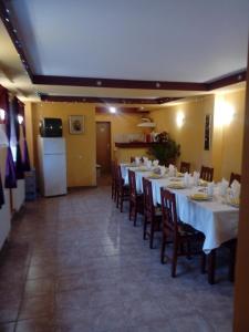 a dining room with a long table with chairs and a refrigerator at Pensiunea Casa Vulkan in Ocna Sibiului +15 photos