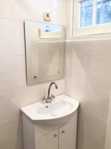 a bathroom with a sink and a mirror at Ligatne's Village Studio Apartment in Līgatne