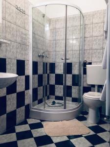 a bathroom with a shower and a toilet and a sink at Moto klub Brod in Slavonski Brod