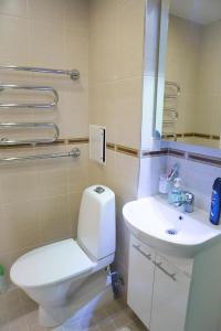 een badkamer met een toilet, een wastafel en een spiegel bij Vintage style apartment 1 km from the beach in Pärnu