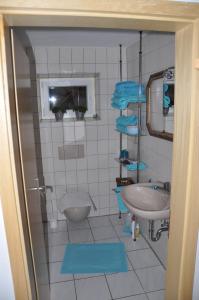 a bathroom with a toilet and a sink at Ferienwohnung Fischer in Frickingen