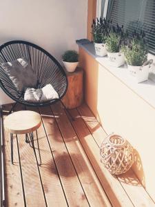 a chair sitting on a balcony with potted plants at Apartmán Lucie in Pardubice