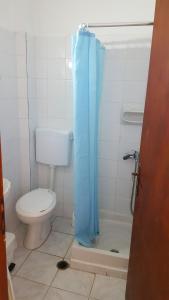 a bathroom with a toilet and a blue shower curtain at Aeolos Hotel Apartments in Gythio