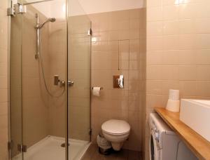 a bathroom with a shower and a toilet and a sink at Apartament Skwer Gdynia in Gdynia