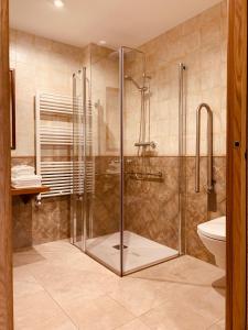uma casa de banho com um chuveiro, um WC e um lavatório. em Casa Lixa Hotel Rural Albergue em Las Herrerías