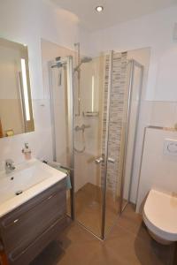 a bathroom with a shower and a sink and a toilet at Haus Marent in Bartholomäberg
