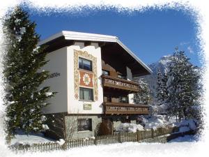 ein Gebäude im Schnee mit einem Zaun und einem Baum in der Unterkunft Haus Lifinar - Carmen Juen in Sankt Gallenkirch