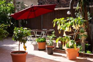 un patio con una mesa con una sombrilla roja y macetas en Callas Room Opera, en Catania