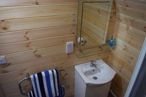 a small bathroom with a sink and a mirror at The Beach Bothies in Valtos