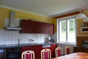 a kitchen with red cabinets and a window at Waldcamp Frank in Wildalpen