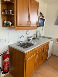 a kitchen with a sink and wooden cabinets at Sunna's Guesthouse in Drangsnes
