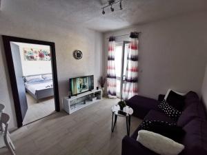 een woonkamer met een paarse bank en een televisie bij Yellow wish in Sobra