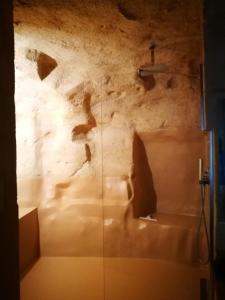 y baño con pared de piedra y ducha. en 5 Elementi Sassi Matera en Matera