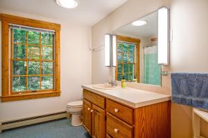 uma casa de banho com um lavatório, um WC e um espelho. em The Cabin on Squam Lake em Center Harbor