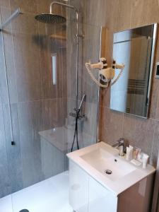 uma casa de banho com um chuveiro, um lavatório e um espelho. em Nizza26 Serviced Apartments em Turim